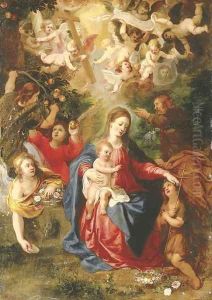 The Rest on the Flight into Egypt with the youthful Saint John the Baptist and angels with fruit and flowers, cherubim aloft holding the Instruments o by Hendrik van Balen