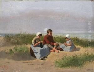 Panel "children Knitting On The 
Beach" Signed D'ap Artz Lower Left. Two (2) Small Spots Inpainted A 
Minor Scrape Or Two by David Adolf Constant Artz