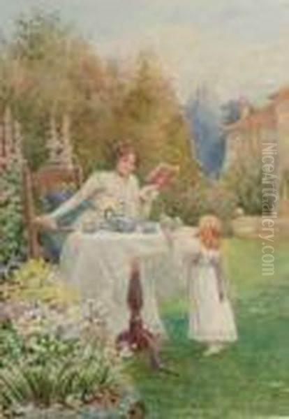 Mother And Daughter Taking Tea In The Garden - view 1