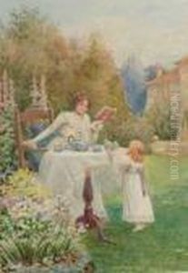 Mother And Daughter Taking Tea In The Garden by William F. Ashburner