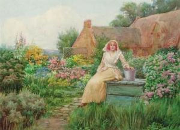 Young Lady Seated In A Cottage Garden - view 1