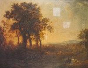 Extensive Landscape With Figures And Horses By A Stream by William Ashford