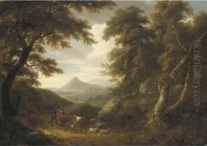 A Wooded Landscape, With Figures And Livestock On A Path And Ruinsbeyond by William Ashford