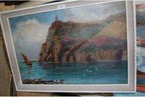 Rocky Coastal View With Sailing Boat And Gulls