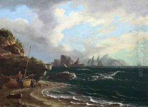Figures with Docked Boat at Shoreline