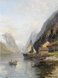 Fjordlandschaft Mit Bootsanlegestelle Und Figurenstaffage