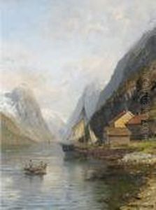 Fjordlandschaft Mit Bootsanlegestelle Und Figurenstaffage. by Anders Monsen Askevold