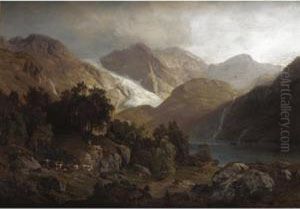 Figures And Cattle In A Mountainous Landscape