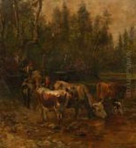 Budeie Med Kyr Ved Vanningssted by Anders Monsen Askevold