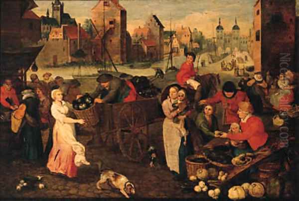 A vegetable market on a quay in a town - view 1