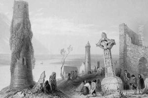 The Ancient Cross and Round Tower at Clonmacnois, County Offaly, Ireland, from 'Scenery and Antiquities of Ireland' by William Henry Bartlett