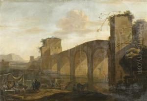 Landscape With Tiber And The Ponte Molle And A Market In Foreground