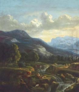 A Wooded River Landscape With Figures By A Waterfall by Jan Asselyn