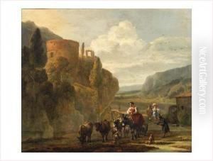 Paysans Et Leur Troupeau Dans La Campagne Romaine Avec Un Moulin A Eau by Jan Asselyn