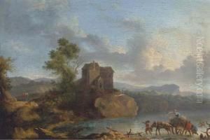 A Landscape With Travellers Crossing A Ford, A House Beyond by Jan Asselyn
