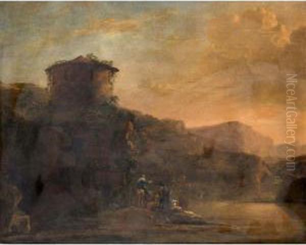 An Italianate Landscape With Travellers And A Cattle Crossing A River At Sunset - view 1