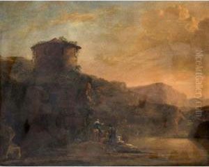An Italianate Landscape With Travellers And A Cattle Crossing A River At Sunset by Jan Asselyn