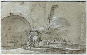 A Rider, With Other Figures And Dogs On A Path By An Arched Entrance