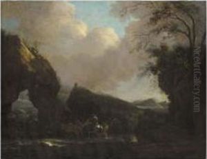 A Southern Landscape With Drovers And Animals Crossing A Stream Near A Rocky Arch thumbnail