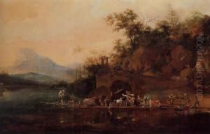 River Landscape With A Ferry Being Punted Across A River