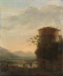 Peasants And Cattle Beside A Tower In An Extensive Landscape by Jan Asselyn