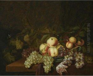 Still Life Of Peaches And Grapes
 In A Wan-li Porcelain Bowl, Together With A Butterfly, All Arranged On A
 Table Partly Draped With A Red Cloth by Bartholomeus Assteyn