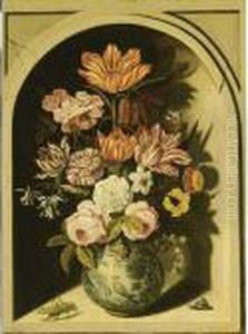 A Still Life With Roses, Tulips,
 Carnations, Lily-of-the-valley, Marigolds, Forget-me-nots, Columbine, A
 Snake's Head Fritillary And Other Flowers In A Decorated Blue Porcelain
 Vase, Together With A Red Admiral, A Grasshopper And A Snail, All In A  by Bartholomeus Assteyn
