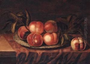 Peaches On A Porcelain Dish, On A Partially Draped Ledge by Bartholomeus Assteyn