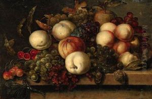 Grapes, Peaches, Redcurrants, Cherries, An Apple And A Dragonfly Ona Ledge