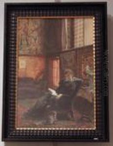 An Interior Scene With A Reading Girl And A Cat