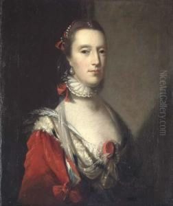 Portrait Of A Lady, Bust-length,
 In An Elaborate Red Dress With Ermine Trim, With A White Lace Ruff, And
 Pearls In Her Hair