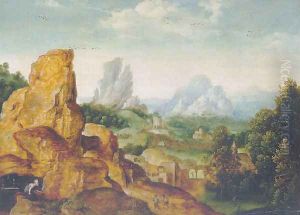 The penitent Saint Jerome in a grotto in a mountainous landscape