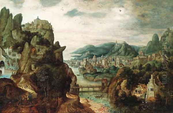 A panoramic mountain landscape, with an extensive town by a river, Christ with Cleopas and Peter on the Way to Emmaus in the foreground, and the subse - view 1