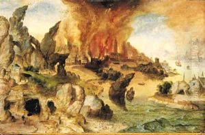 A mountainous landscape with Lot and his Daughters, the Destruction of Sodom and Gomorrah beyond by Herri met de Bles