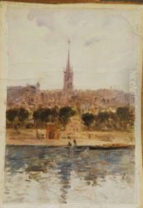 Vista Urbana Con Iglesia Y Rincon De Un Parque by Enrique Atalaya Gonzalez