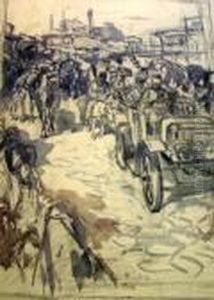 Military Jeeps, Soldiers And 
Refugees With Camels In A Column And A Mosque In The Distance; Black 
Chalk With Touches Of Watercolour, Bears Cachet De Vente, 55x39cm