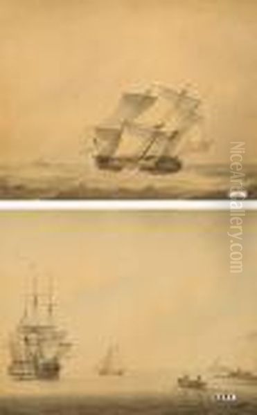 Frigate And Other Boats In A Calm Off A Coastline - view 1