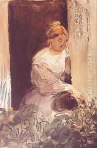 Fiatal no viragot ontoz az ablakban, 1847 by Karoly Brocky