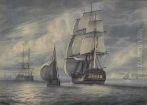 A Frigate Running Down The
Channel Past A Cutter, With Other Ships Of The Fleet At Anchor Ahead Of
Her by Samuel Atkins