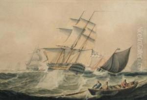 A Second Rate Frigate Of The 
White In A Storm With Arowing Boat In The Foreground Watercolour 25 X 37
 Cm