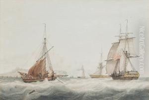 A Brig Running Up The Channel
Amidst Other Vessels In The Straits Of Dover, With Dover Castle On The
Clifftop Beyond by Samuel Atkins