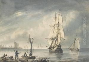 A Bilander And Smaller Craft 
Offshore In A Light Breeze, With An Anchored Three-master Beyond; A 
Frigate Preparing To Anchor In A Swell, With Other Vessels Riding Out 
The Heavy Weather Nearby