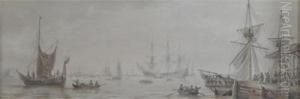 View Of A Harbour With Vessels Unloading And Other Ships Moored by Samuel Atkins