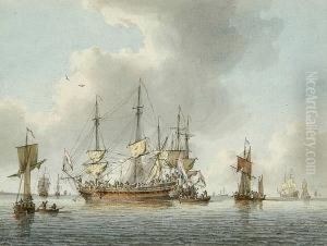 Vessels At Anchor Taking On Stores by Samuel Atkins