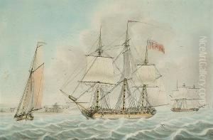 A Royal Navy Frigate Off A Coastline by Samuel Atkins
