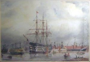 'hms Victory In Portsmouth Harbour', Watercolour, Signed, 53.5cm X66.5cm, Framed