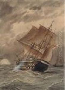 A Royal Naval Two-decker Heeling In The Breeze by William Edward Atkins