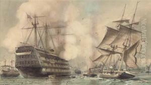 H.m.s. Victory Saluting A Royal
Navy Brig Being Towed Past The Oldflagship's Permanent Mooring Into
Portsmouth Harbour - view 1