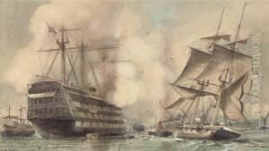 H.m.s. Victory Saluting A Royal 
Navy Brig Being Towed Past The Oldflagship's Permanent Mooring Into 
Portsmouth Harbour