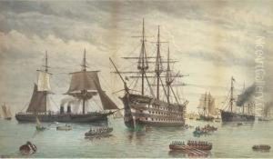 H.m.s. Victory Amidst Ironclads Lying At Anchor In The Harbour,portsmouth